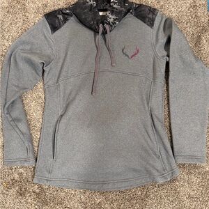 Women’s Gray Hooded Pullover with Contrast Camouflage Yoke